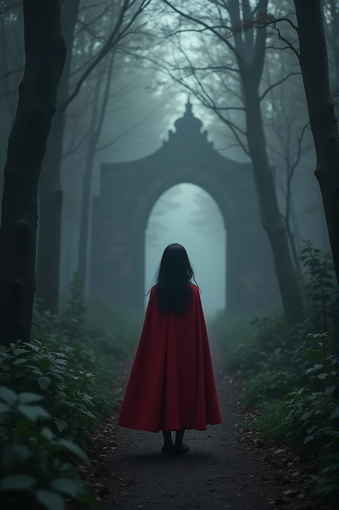 image of a girl with a red cape and black hair, on a dark path through the forest, heading towards a magic gate.black and gray gradient, hazy, realistic, 8k resolution, Unreal Engine, cinematic