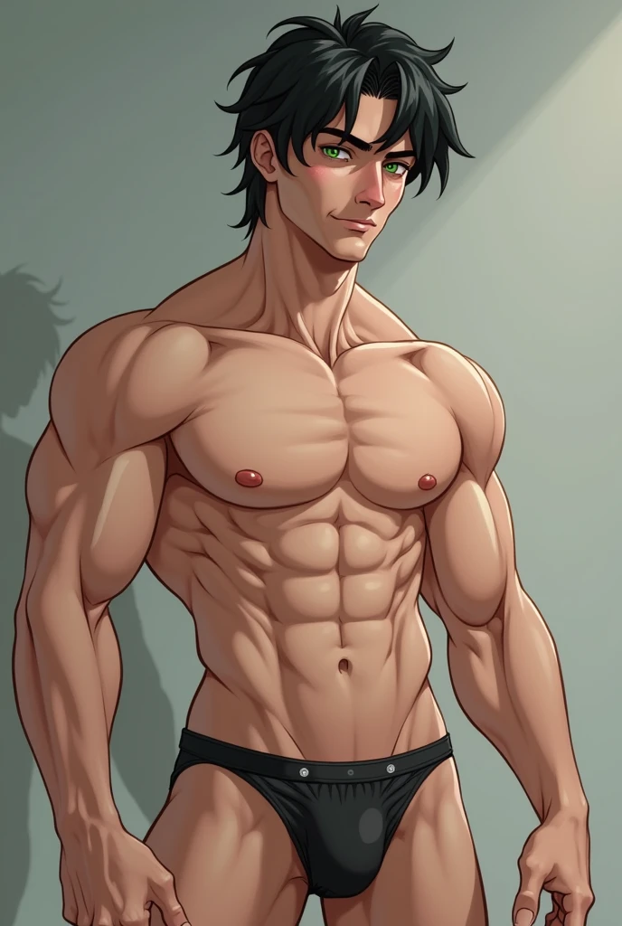 Create a muscular man with black hair and green eyes, totally naked, without underwear, with his penis visible, with his lower part visible.
