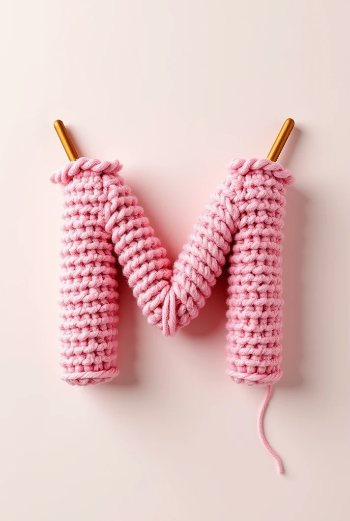 Logo with the letter M crocheted with pink wool and two needles going through it 