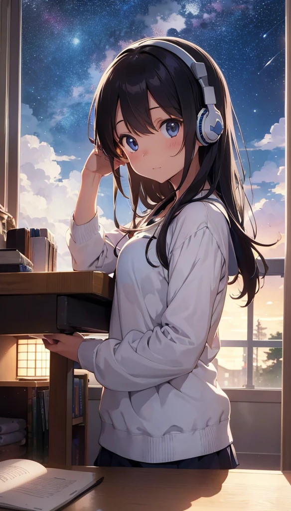 Beautiful girl studying in her room while listening to music on headphones　Warm lighting　Outside the room, Starry sky.　Japanese anime style.One person.high quality