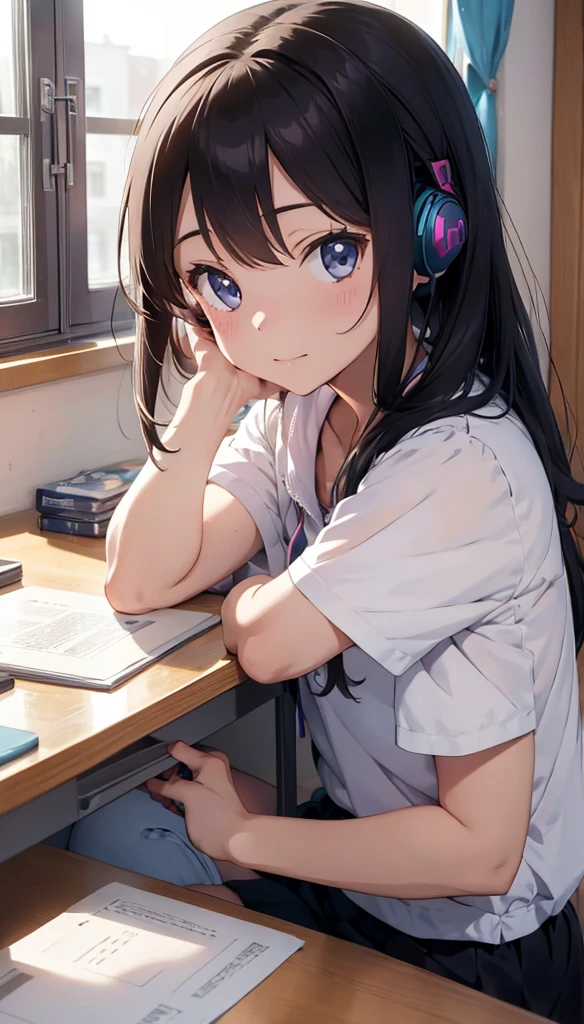 Beautiful girl studying in her room while listening to music on headphones Warm lighting Outside the room, Starry sky. Japanese anime style.One person.high quality