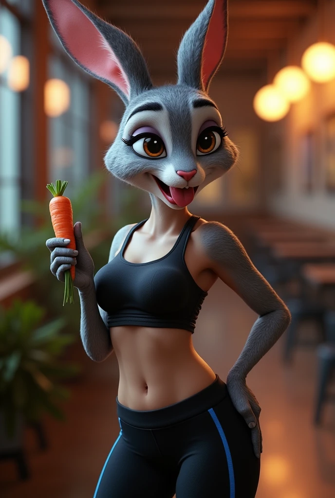 score_9, score_8_up, score_7_up, score_6_up, cinematic,natural skin texture, hyperrealism, professional photography, Depth of field, bokeh, photorealistic,realistic, BREAK female anthro rabbit,zootopia style,judyhopps, half-closed eyes, anthro in heat, detailed grey fur,judyhopps, tight sport leggings, crop top,covered perky nipples,thigh gap, (sucking a carrot:1.2), holding carrot, tongue out