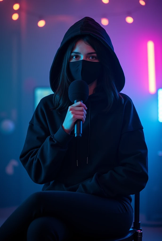 a young girl YouTuber hooded using mask sat with a microphone in a dark room with colored lights talking to the audience. Ratio size 16:9