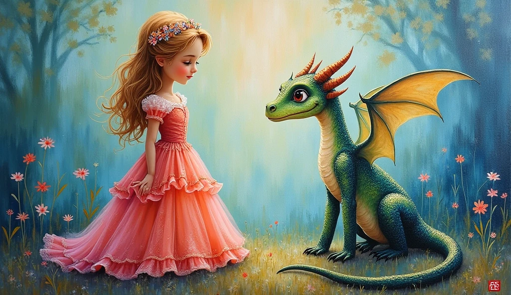 An impasto painting depicting an ethereal scene featuring a beautiful princess and a little dragon. The princess, adorned in a flowing, elegant gown, stands gracefully, The little dragon, with shimmering scales and gentle eyes, sits by her side, looking up at her adoringly.