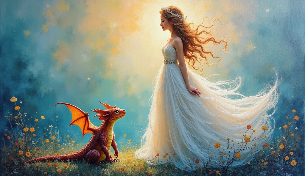 An impasto painting depicting an ethereal scene featuring a beautiful princess and a little dragon. The princess, adorned in a flowing, elegant gown, stands gracefully, The little dragon, with shimmering scales and gentle eyes, sits by her side, looking up at her adoringly.