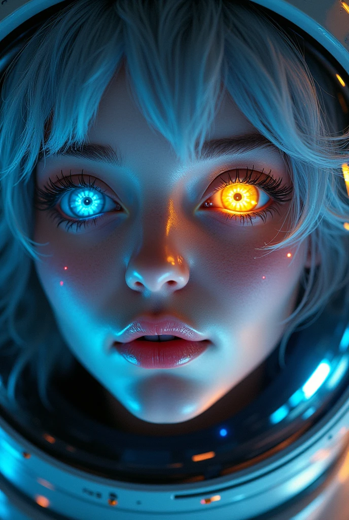 (Close-up of a better masterpiece:1.5)0.9], (Space and astronauts:1.2) (Messy silver hair:1.1) (Heterochromia xanthochromia and blue eyes:1.2) (Space Helmet:1.0) (Colored stars in the eyes:1.0) (A radiant glow:1.1) (thick lips:0.9)