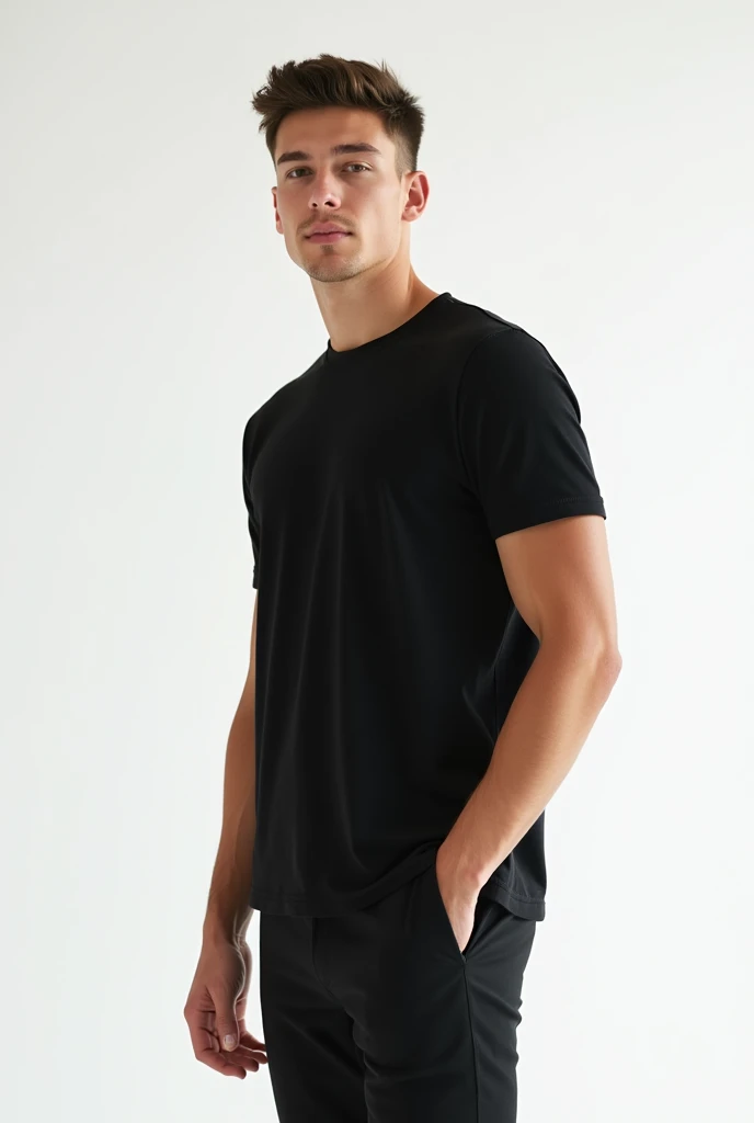 Young man wearing plain black unisex t-shirt, on a white background