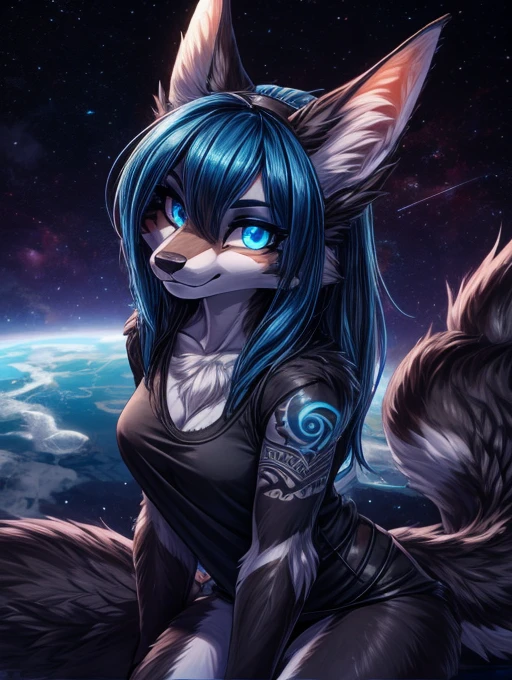 Black chacal girl, black dark fur high definition add_detail:1, black fur,kitsune ears, tribal tattoo add_detail:1,, mechon azul en el cabello,cosmic spacce landscape, pretty girl add_detail:3 18 year old girl, short black lycra, black metal t shirt, flirty look add_detail:3 ojos detallados pupilas radiantes add_detail, glowing blue eyes, patas con garras