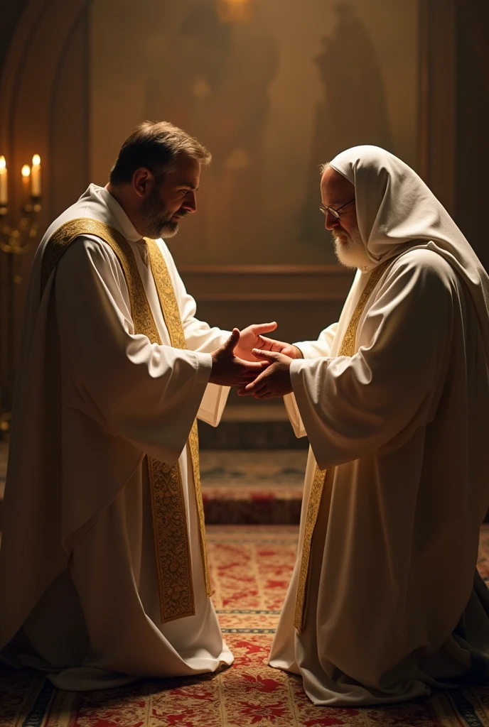 A pastor gives something to a faithful and with the other hand he hides something behind and the faithful kneels and makes hands in the position of receiving
