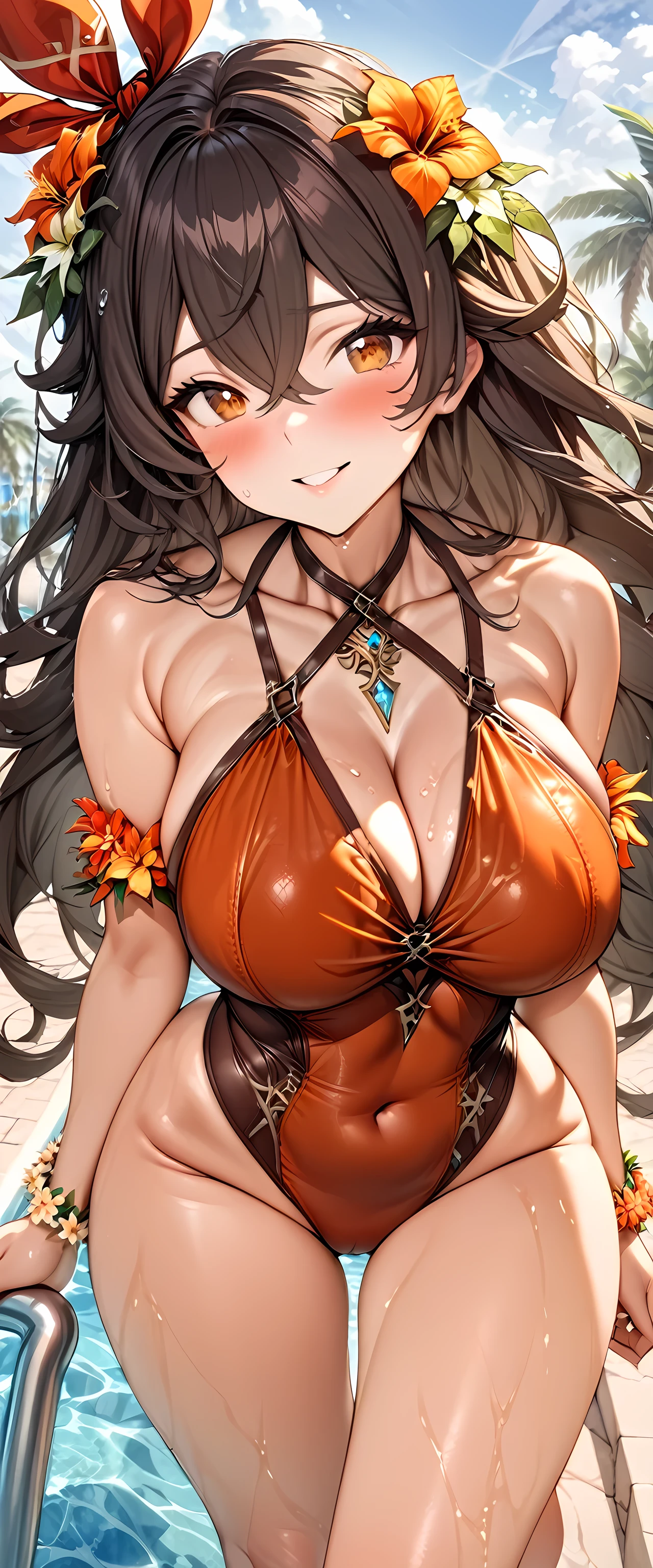 (masterpiece), best quality, expressive eyes, perfect face,1girl,amber,genshin impact,big breasts,sexy one-piece swimsuit,sexy clothes,poolside,standing,hair flower,blush,beach resort,legs crossed,sexy pose,(bare shoulders),flower bracelets,smile,mouth open,looking at viewer,running towards viewer,wet,bare feet