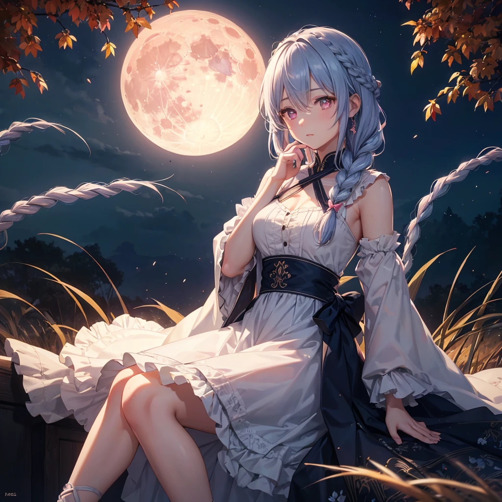 (Braiding),(Sky blue medium hair), (Pink eyes),(Fair skin)  ,(whole body),(One Girl),(harvest moon),(A large amount of Miscanthus sinensis in the background),autumn,(full moon),(masterpiece, Highest quality, Very detailed, Best Shadow), (Detailed Background), (Beautifully detailed face), High Contrast, (Best lighting, Very delicate and beautiful), ((Cinematic Light)), Hyper Detail,8k, Dramatic Light, Intricate details