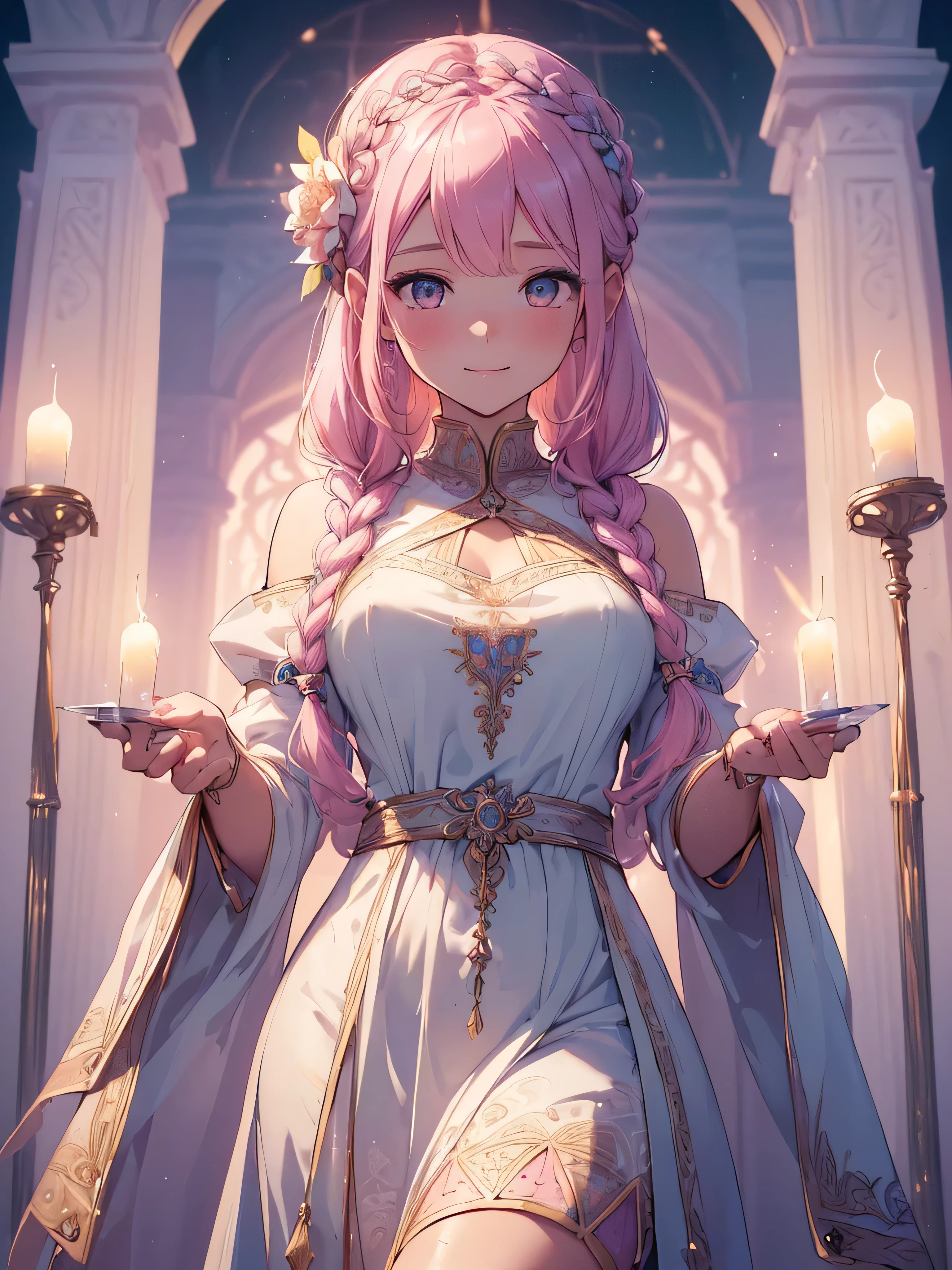 (((best quality, sharp image, clear image, cinematic lighting, 8k resolution, masterpiece, ultra detailed, intricate))) Girl, cute, priestess, intricate dress, braided hair, smiling,pastel pink, pastel blue, ((intricate background)), (flower frame), portal,frontview, candles