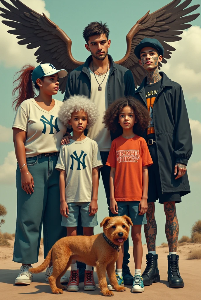 tall fat girl, Yankees cap rolled hair with ponytail long sport shirt ,at the same time girl curly hair white skin strangers things shirt, at the same time young tall luffy shirt winged man rocker shirt with black jacket tattooed skin black boots and beret next to brown dog