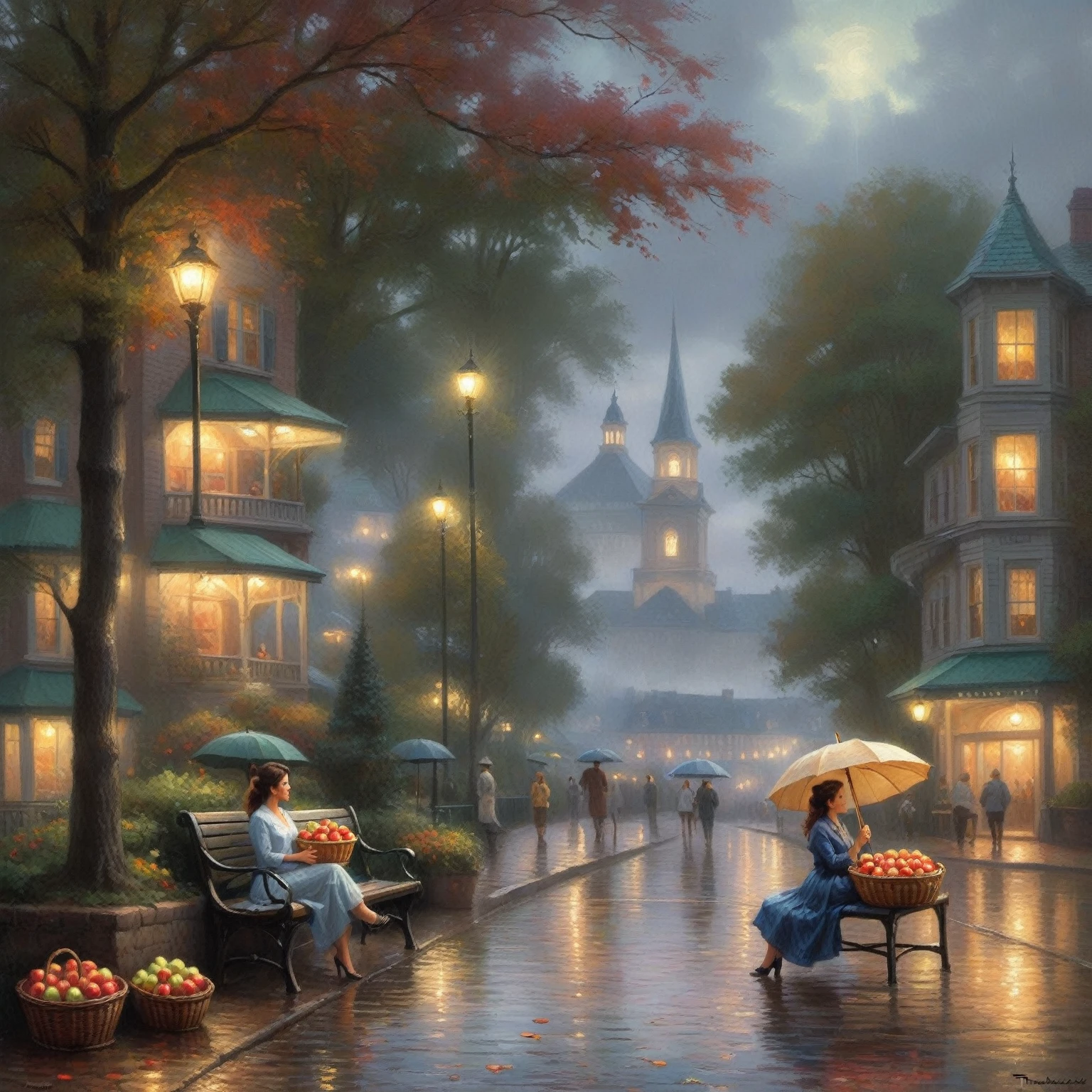painting of a woman sitting on a bench under an umbrella and basket of apples, beautiful digital artwork, tomas kinkade, andy park, by thomas kinkade, by Thomas Kinkade, autumn night, kinkade, thomas kinkade cfg _ scale 9, rainy evening, (((thomas kinkade))), beautiful artwork, thomas kinkade painting, by Pablo Munoz Gomez
