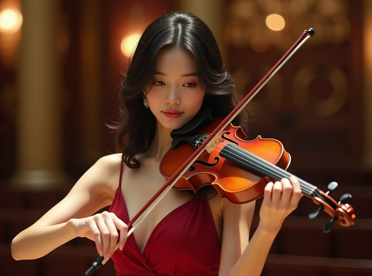 (masterpiece, high resolution, high detail, best quality), ultra detailed, 16k, photograph, cinematic lighting, beautiful face, perfect face, highly detailed beautiful face and eyes, delicate facial features, highly detailed background, elaborately designed clothes, BREAK, (stunning Japanese woman playing the violin at a concert venue:1.4), Stradivarius, (Crimson sleeveless dress:1.4), curvy, (Wavy Hair), perfect make-up, light smile