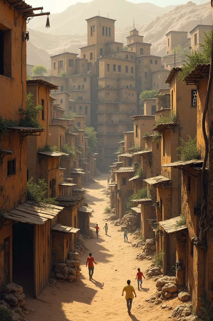 A poorer city built in a primitive way due to few resources, made in shades of orange brown and gray