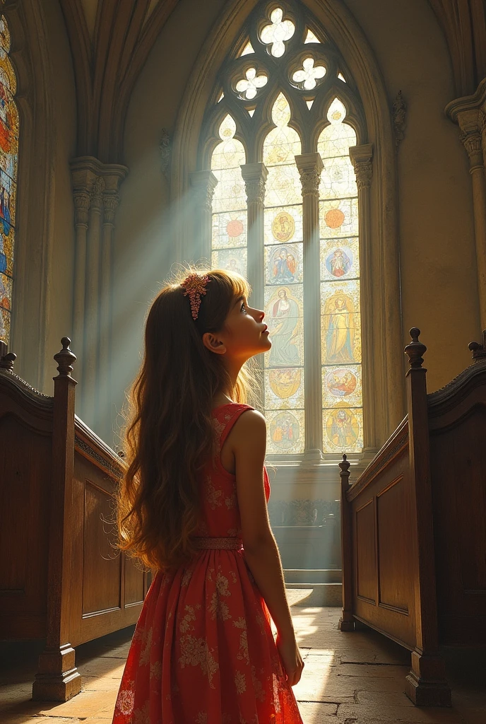 Girl looking up at ceili church paintings