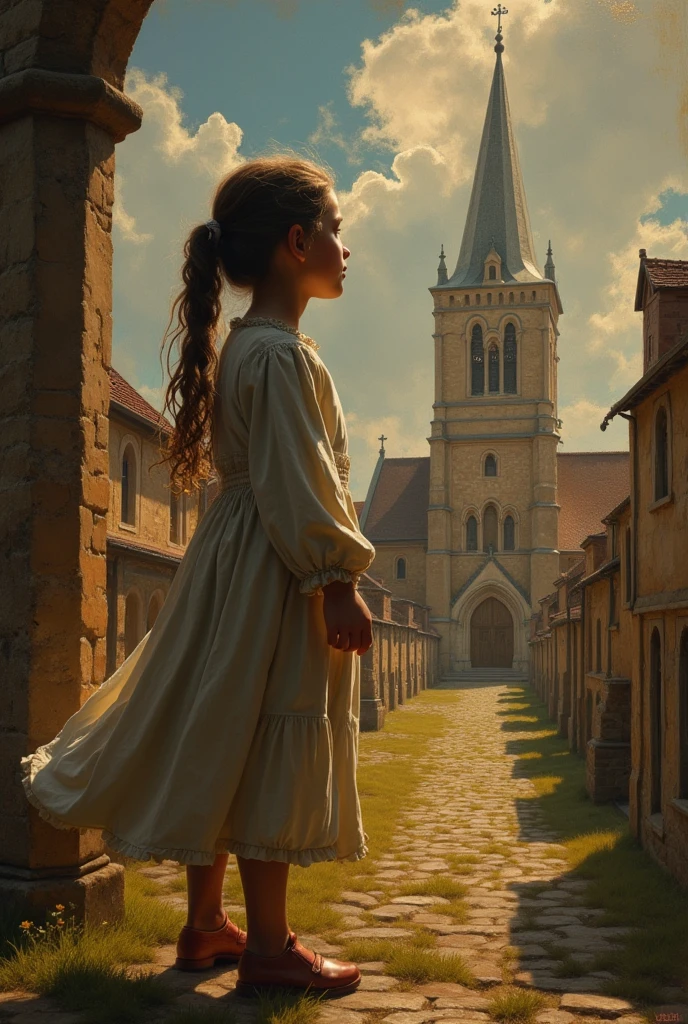 Girl looking up at ceili church paintings
