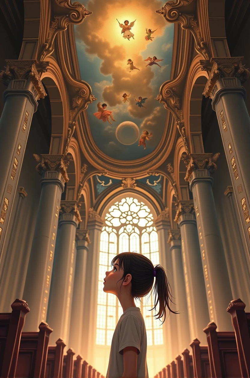 Girl looking up at church painting ceiling