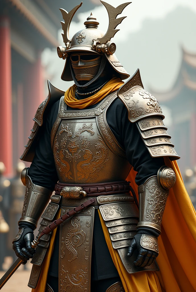 Warrior in full Chinese steel plate armor decorated with dragon and cloud motifs. Helmet with a dragon-shaped visor.uniform: Golden silk tunic under the armor, with a full body embroidered belt