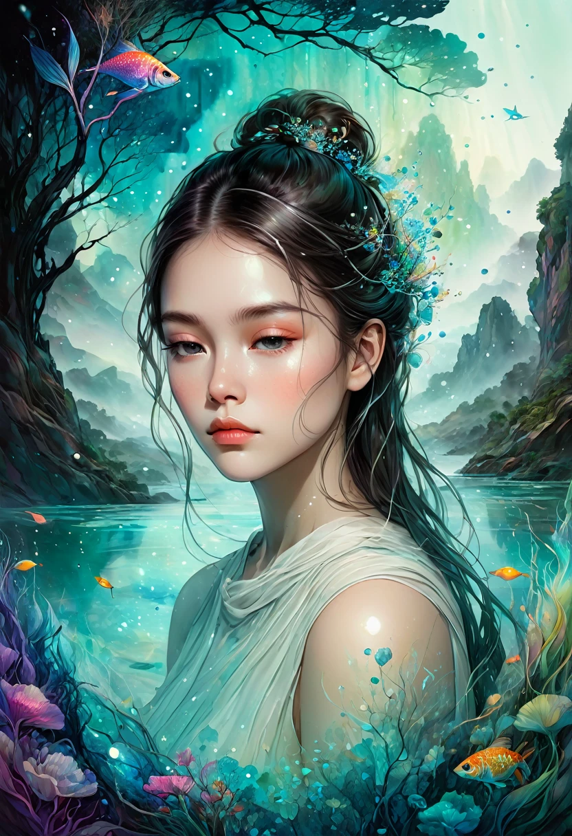 An intricately detailed digital painting featuring a girl. The composition exudes a serene and ethereal atmosphere, drawing the viewer into a surreal landscape with the woman's contemplative expression. The use of alcohol ink adds a semi-transparent dreamlike quality, enhancing the overall beauty and mystique of the artwork.