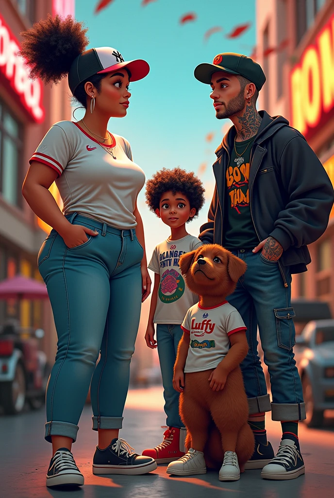 tall fat girl, Yankees cap rolled hair with ponytail long sport shirt ,at the same time girl curly hair white skin strangers things shirt, at the same time young tall luffy shirt winged man rocker shirt with black jacket tattooed skin black boots and beret next to brown dog
