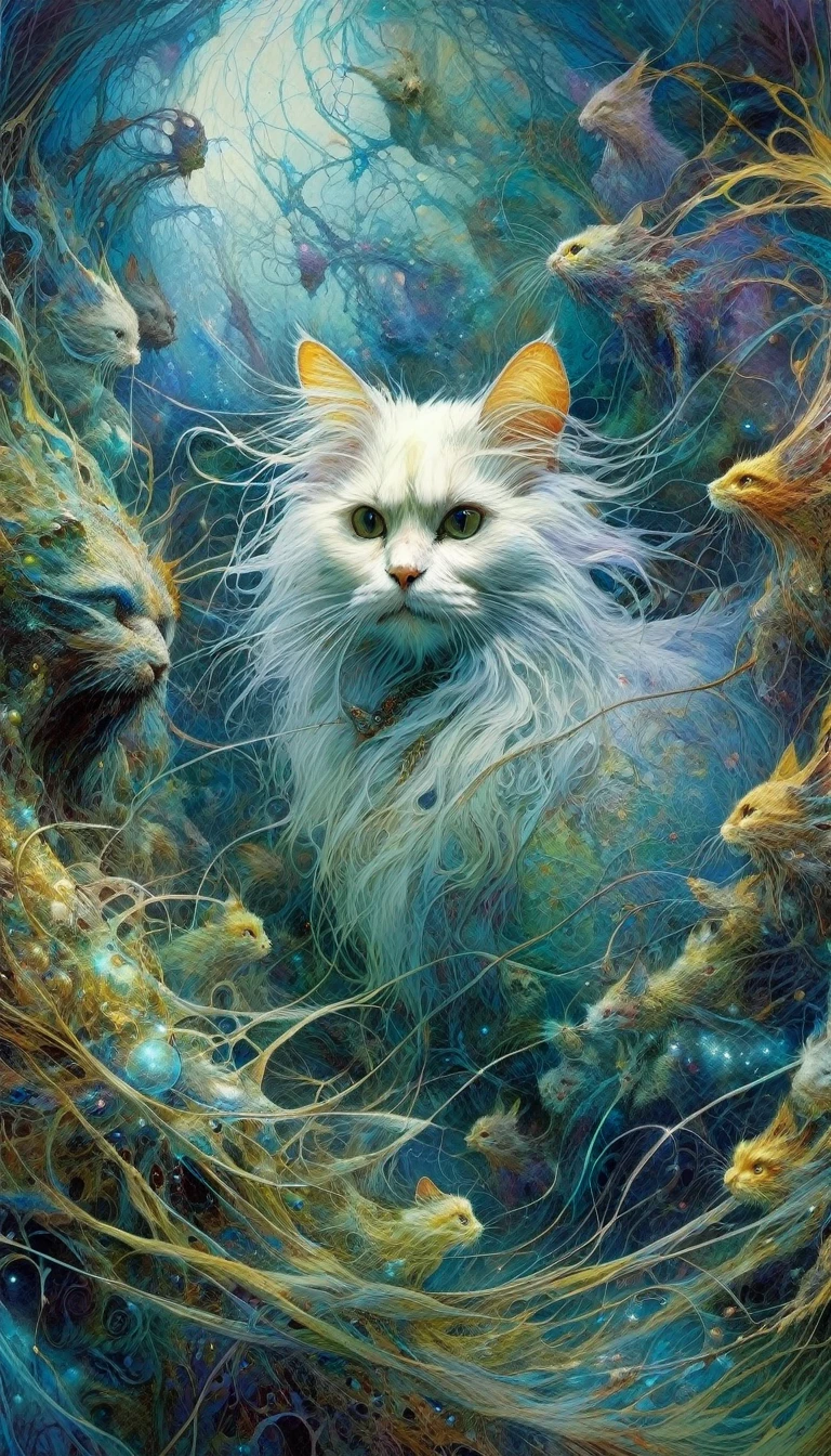 a cat in a strange world, by Brian Froud and Carne Griffiths and Wadim Kashin, Intricate Details, Oil