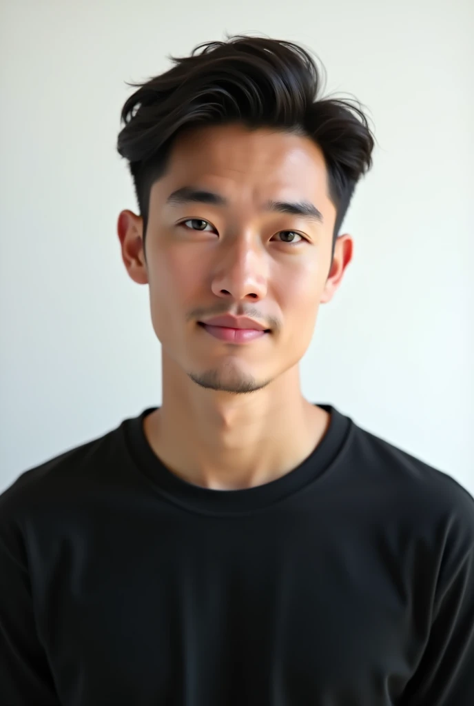 Young man wearing plain black unisex t-shirt, on a white background 