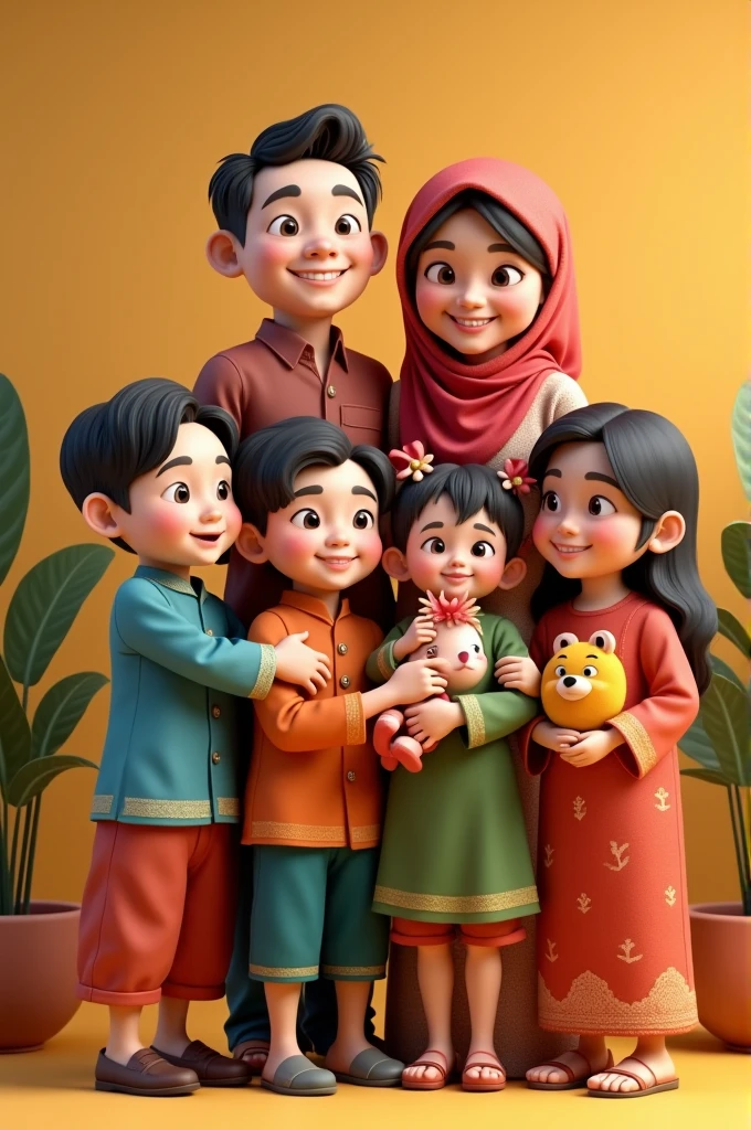 "A complete Indonesian family photo in 4D detail. A 30-year-old father and a 29-year-old mother standing with their five children: a 12-year-old son, two daughters aged 8 and 4, and a 10-month-old baby. The family looks harmonious and happy, with a warm and cheerful background."