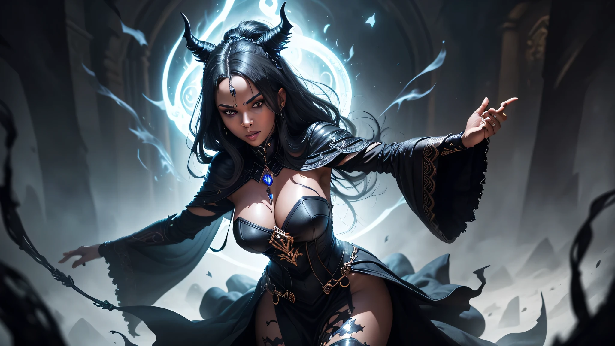 Create an image of the Legendary Black Witch. She should be shown in dark, mystical robes with arcane symbols. Her expression should be malevolent and commanding. The background should be a dark, magical environment, with swirling shadows and magical energy."