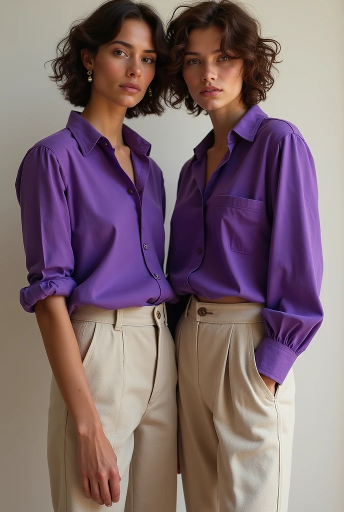 Create some male and female clothing models with the purple blouse and the bottom with clothing in the raw linen fabric