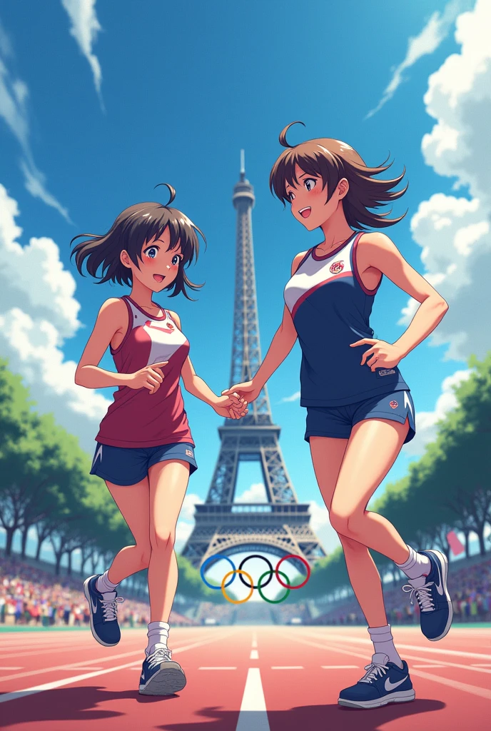 2D Anime girls at the Paris Olympic Games with Eiffel Tower with Olympic rings in background