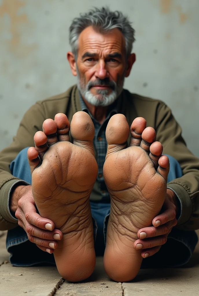 Create the image of a 50-year-old man showing the soles of his feet