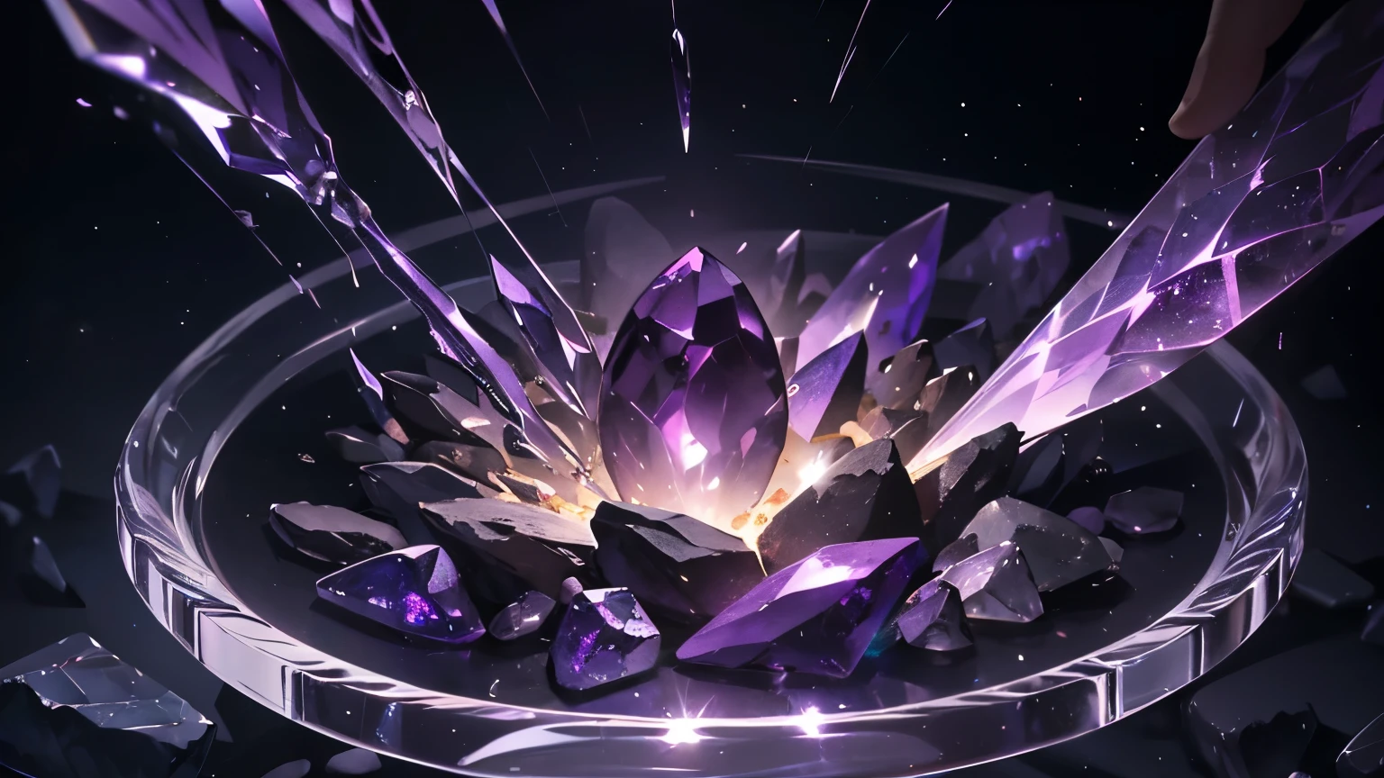 Composition: Close-up view of an array of colorful gemstones and crystals arranged in a circular pattern
Central focus: A large, dark smoky quartz crystal in the center, symbolizing protection against negative energy
Surrounding stones: Include amethyst, tiger's eye, and black tourmaline arranged around the central crystal
Background: A subtle, swirling mist or energy field in dark purples and blues, suggesting mystical power
Lighting: Soft, ethereal glow emanating from the stones, particularly the central smoky quartz
Additional elements:

Small sparkles or light reflections on the stones for added visual interest
A faint, translucent protective barrier surrounding the entire arrangement


Style: Realistic rendering with a touch of fantasy, creating a magical and intriguing atmosphere
Color palette: Deep purples, blues, and blacks for the background; various gem colors (clear, purple, golden-brown, black) for the stones
Text overlay: Leave space at the top or bottom for potential text overlay (title or call-to-action)
Mood: Mysterious, protective, and slightly dramatic to capture the reader's attention