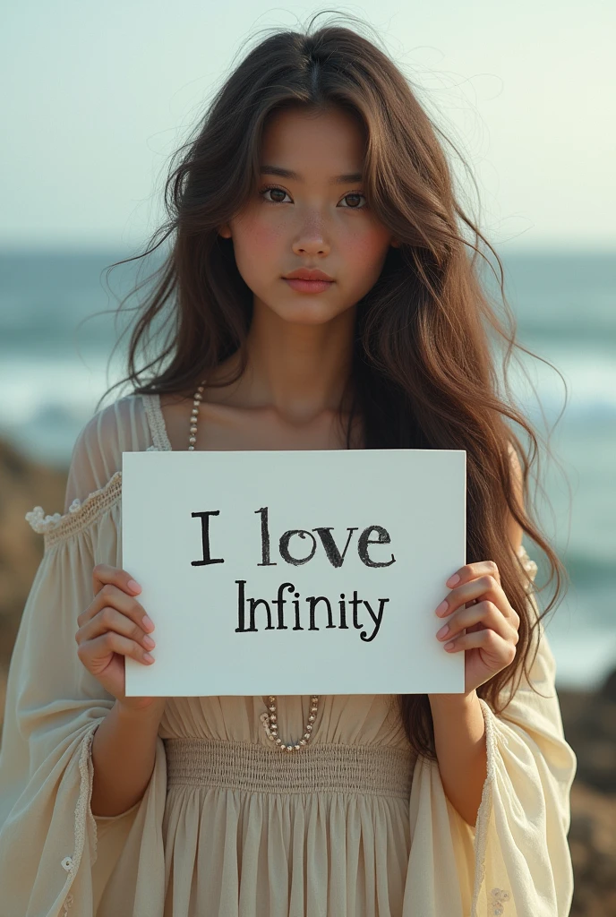 Beautiful girl with wavy long hair, bohemian dress, holding a white board with text "I Love Seaart Infinity" and showing it to the viewer