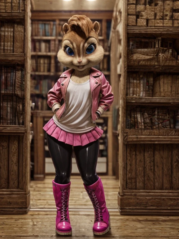 score_9, score_8_up, score_7, score_6, detailed background, brittany miller, chipmunk, furry, short ears, pink leather jacket, hot pink skirt, white camisole, black leggings, pink boots, looking at viewer , 6 inches tall,