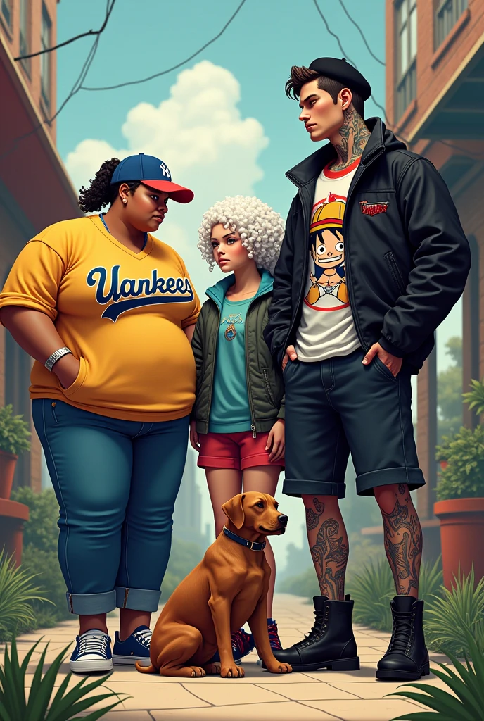 tall fat girl, Yankees cap rolled hair with ponytail long sport shirt ,at the same time girl curly hair white skin strangers things shirt,  at the same time young tall luffy shirt winged man rocker shirt with black jacket tattooed skin black boots and beret next to brown dog