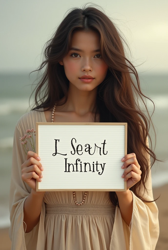 Beautiful girl with wavy long hair, bohemian dress, holding a white board with text "I Love Seaart Infinity" and showing it to the viewer