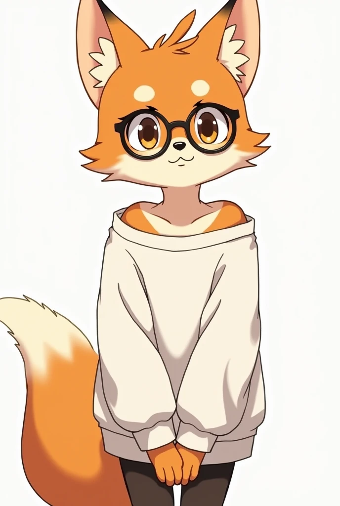 a furry anime character with orange fur wearing a white sweatshirt with his chest visible, black circular glasses, who is skinny and whose chest is visible, a man