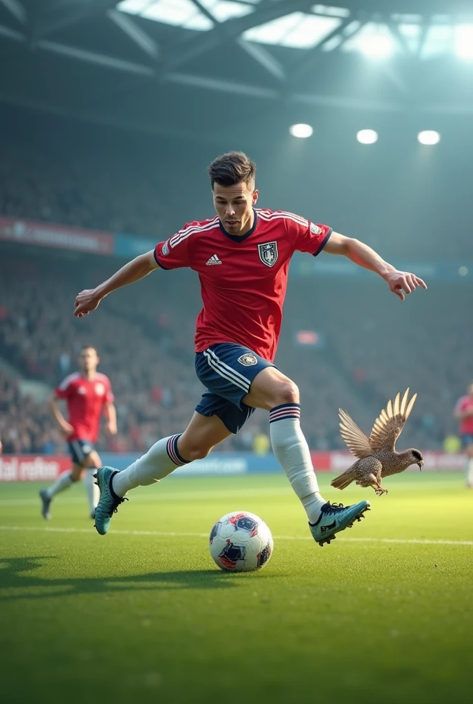 Create a soccer game with a score of 28-0 and make a sparrow fly