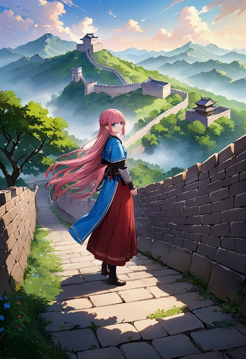 Ramparts、Ramparts、Great Wall、Girl with pink hair、Rampartsの上で見下ろす、blue eyes、Twin Drill、A scene from a movie, whole body、Landscape painting