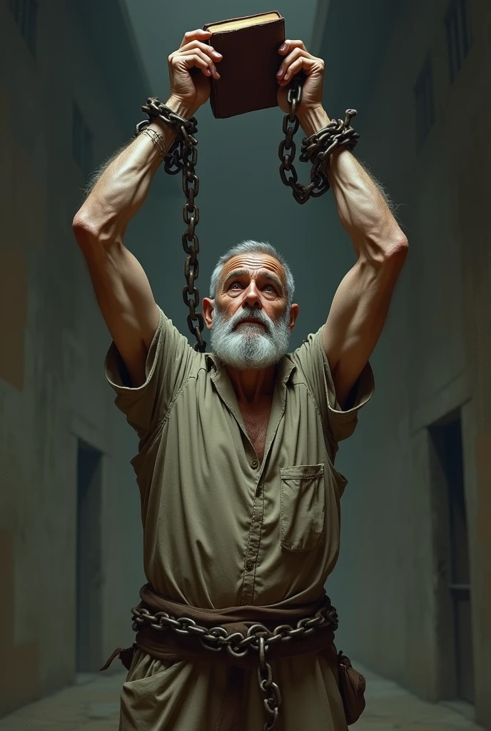 Create a skinny bearded man in prison clothes with a thick, broken chain tying his hands and arms raised with a bible in his hand 