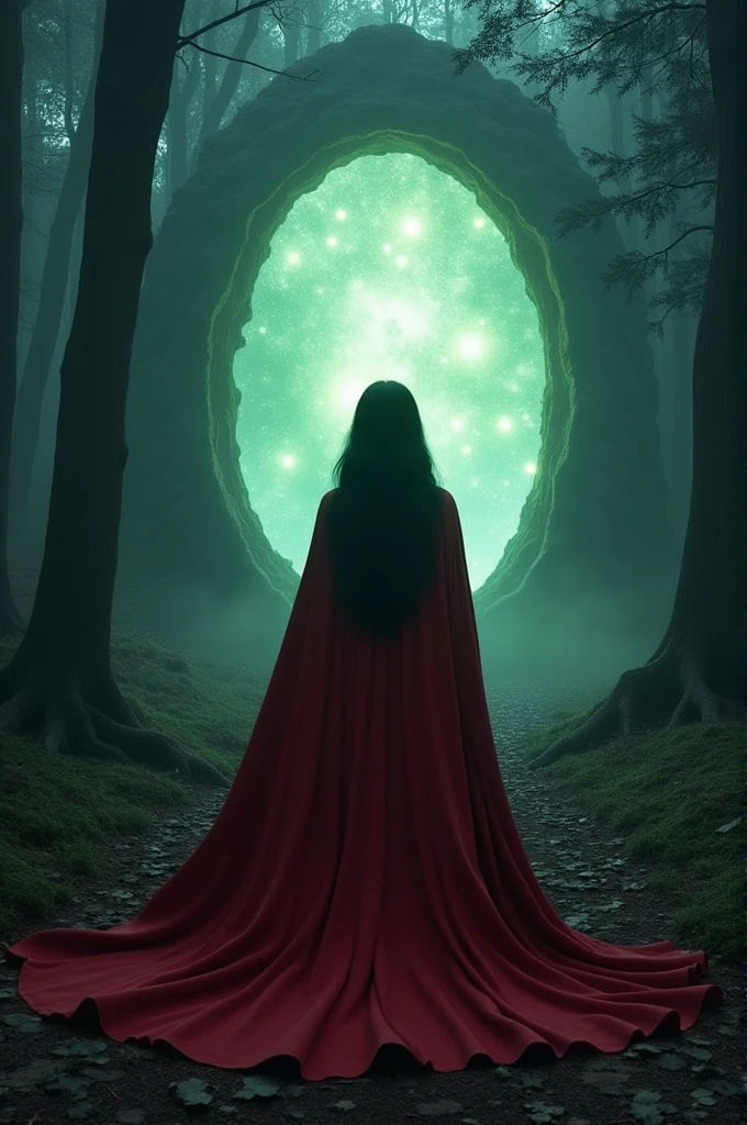 image of a woman with a red cape and long black hair, in the middle of a dark or gloomy forest, heading towards a magical and enchanted glowing portal