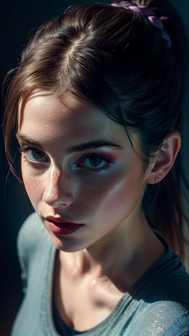 emma watson, (((ultra realistic))) Photo, masterpiece, top quality, (Pale skin), (Ultra detailed face and eyes.:1.3), 1 girl, adult, on a t-shirt, ((eye makeup, blue mascara)), ((big detailed lips)), ((rosa hair in a ponytail)), ((Chiolka)) , (natural breasts), Thin waist. ((Posing)), Photoshoot, studio (Soft lighting), (The game of lights and shadows), depth of field, bokeh, (Special attention to leather details.: 1.2), detailed leather texture, skin pores. (Warm frame environment.. Color range: violet, rosa, blue tones), DR, ((film grain)), ((good heavens)), (Glare), ((portrait from the waist up, view from above)) , ultra detialed,