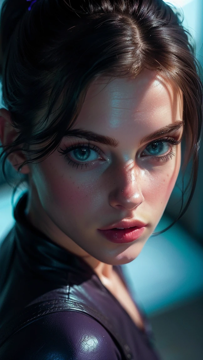emma watson, (((ultra realistic))) Photo, masterpiece, top quality, (Pale skin), (Ultra detailed face and eyes.:1.3), 1 girl, adult, on a t-shirt, ((eye makeup, blue mascara)), ((big detailed lips)), ((rosa hair in a ponytail)), ((Chiolka)) , (natural breasts), Thin waist. ((Posing)), Photoshoot, studio (Soft lighting), (The game of lights and shadows), depth of field, bokeh, (Special attention to leather details.: 1.2), detailed leather texture, skin pores. (Warm frame environment.. Color range: violet, rosa, blue tones), DR, ((film grain)), ((good heavens)), (Glare), ((portrait from the waist up, view from above)) , ultra detialed,