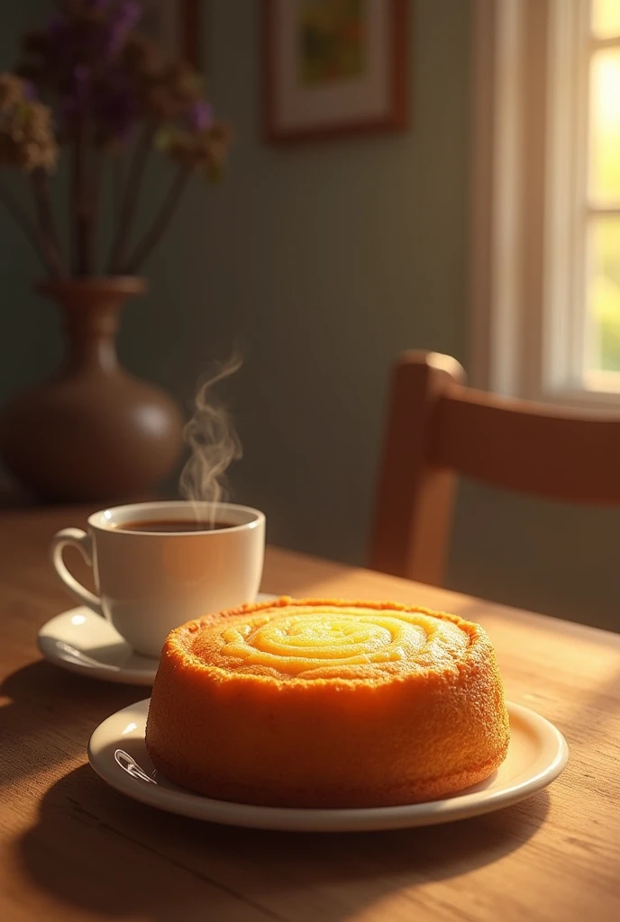 I can&#39;t draw, but I can describe the scene. Imagine a Cayambe cake, which is a type of cake typical of Ecuador, with its dense, golden texture. He is sitting at a table, with a cup of black coffee next to it. The cake looks delicious and fluffy., with a slightly crispy surface. The coffee cup emits a gentle steam, adding a warm scent to the scene. It&#39;s a cozy and simple moment, Ideal to enjoy a good breakfast or snack.