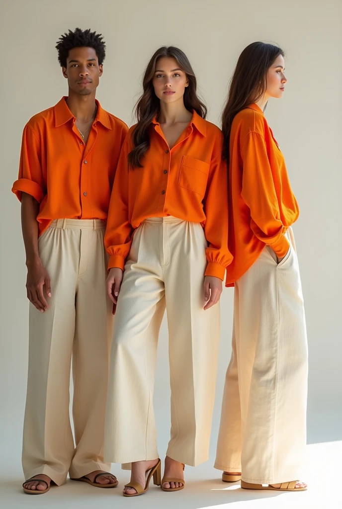Create some male and female clothing models with the orange blouse and the bottom with clothing in the raw linen fabric