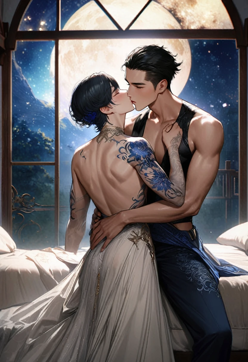 "(best quality, 32k, highres, masterpiece:1.2), ultra-detailed, realistic:1.37, two boys, 2 handsome 22 year old boys, these two 25 year old boys are in love, These two boys are in love, love, anime character, kiss, loving kiss, kiss of lovers, Mysterious tavern bed room, starry night through the windows, tattoo, anime korean/thai 20 year old male model, long black whisp hair, high quality, super realistic, Envision a hyper-realistic composition that seamlessly integrates the exquisite detail of dreamlike elegance, creating a beautiful back view portrait where realism and Art Nouveau mystique converge, striking thai male model is depicted against a backdrop of silvery swirling patterns, sapphire blue ornamental dragon tattoo designs, adorned in flowing garments that echo romantic style, with intricate patterns intertwining seamlessly with the hyper-realistic details of his attire, highly detailed,