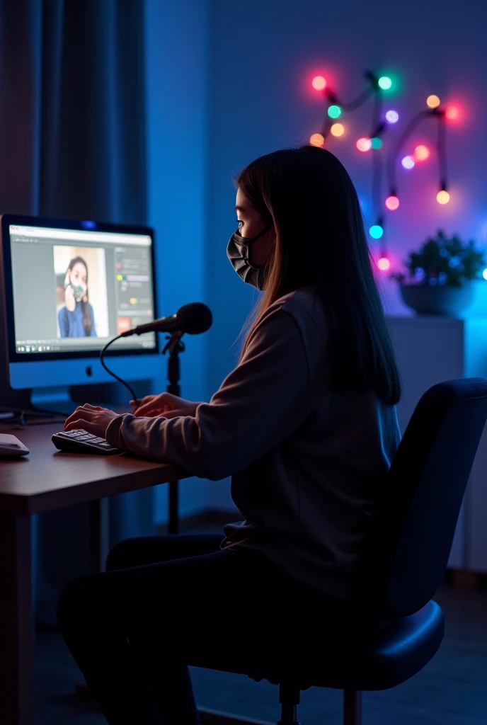 a young girl YouTuber hooded using mask sat on a desk with a microphone in a dark room with colored lights talking to the audience. Ratio size 16:9 