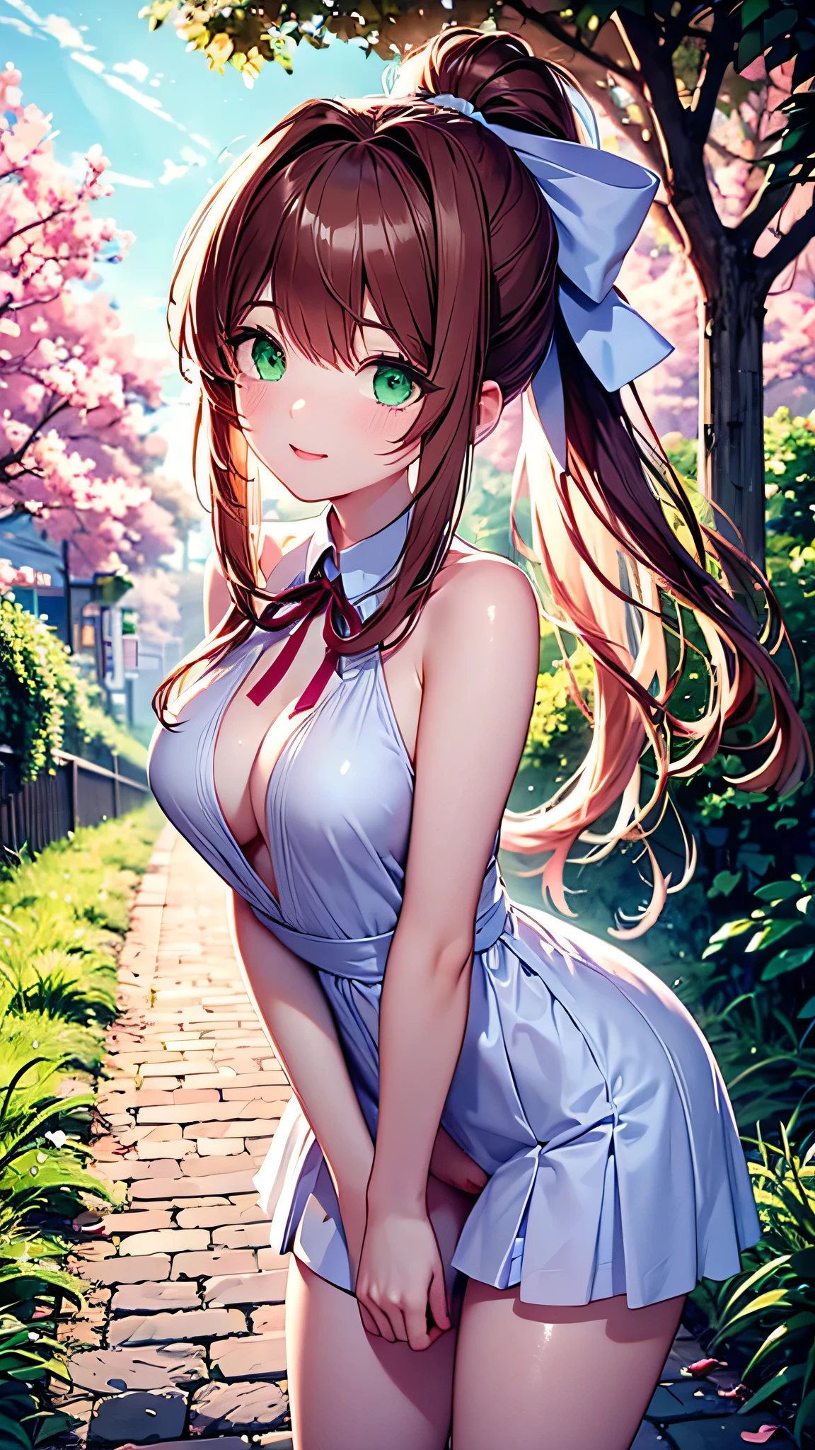 A NSFW illustration of a beautiful and sexy scene. In the center, a road leading to the horizon. On the sides, cherry trees with fallen leaves on the ground. Sunlight is filtering through the cherry tree. In the background, in anime style, Monika is naked with detailed pussy. She has coral brown hair tied in a ponytail and a white bow in her hair, emerald green eyes. The entire composition of the art is in HD in the best quality. The colors are well saturated and the lighting is cinematic. Everything is detailed, including beautiful hands. Monika, bangs, very long hair, lewd face, orgasm expression, long hair, neck ribbon, looking at viewer, ponytail, sidelocks, solo, blush, 1girl, breasts, green eyes,